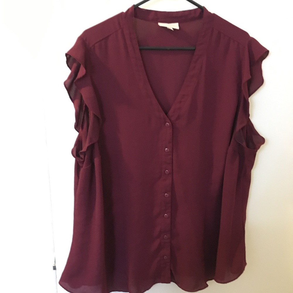 ModCloth 3X ruffle sleeve maroon button up shirt